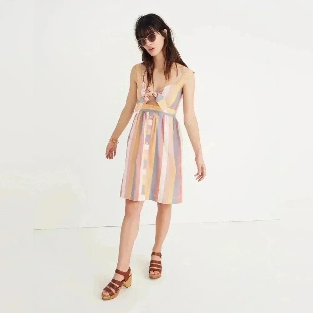 Madewell Striped Tie-Front Button-Down Sleeveless‎ Dress Casual Cute Size 10 NWT